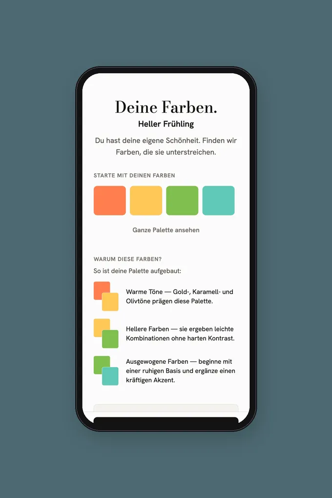 Farbtyp-App mit persönlichem Ergebnis und digitaler Farbpalette