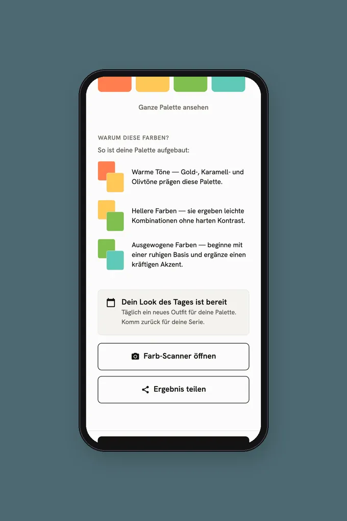 Farbtyp-App mit persönlichem Ergebnis und digitaler Farbpalette